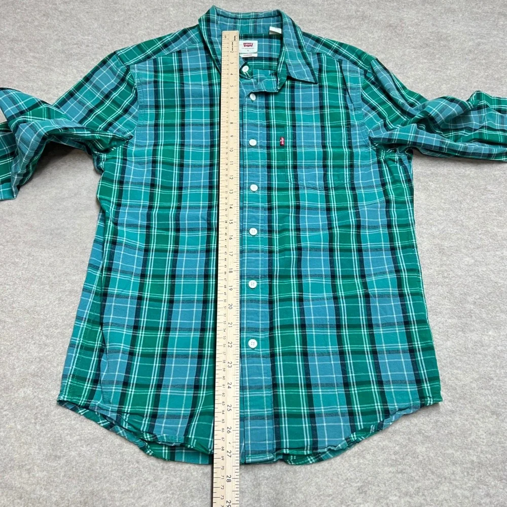 Levis Mens Standard Fit Plaid Button‎ Down Shirt Green Teal Hemp Blend Small EUC